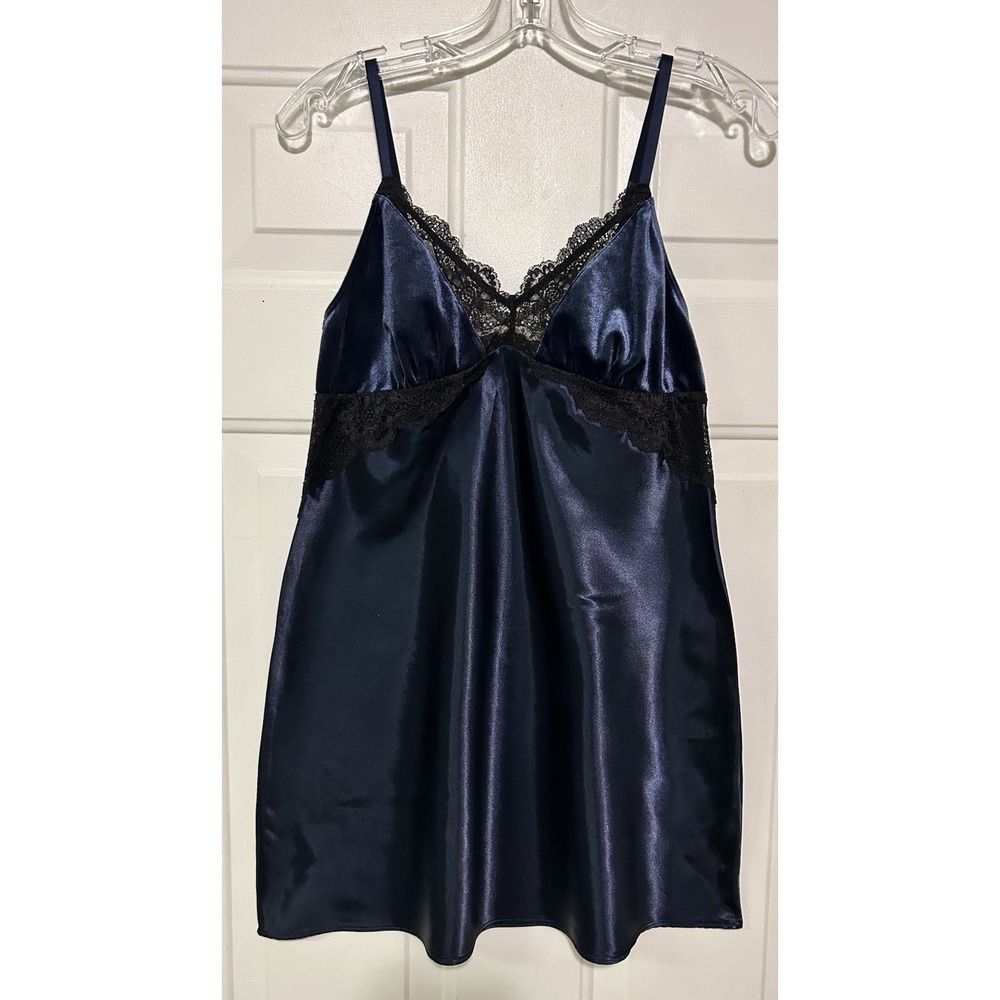 Thalia Sodi Navy Blue Satin Velvet by Lace Trim Chemise Nightgown Womens Small